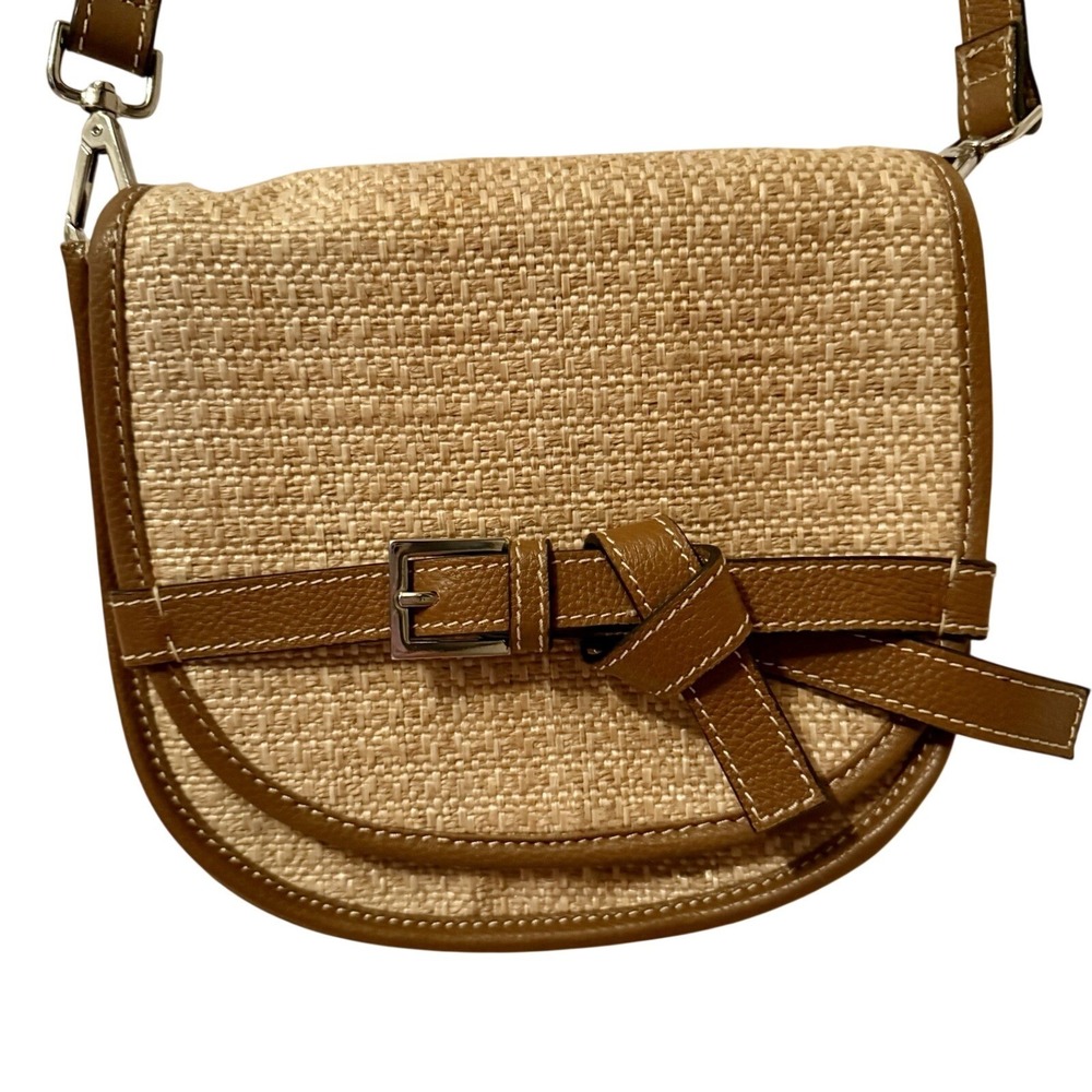 J. Jill Woven Straw Brown Leather Crossbody Saddle Bag Summer‎ Chic Straw Trend